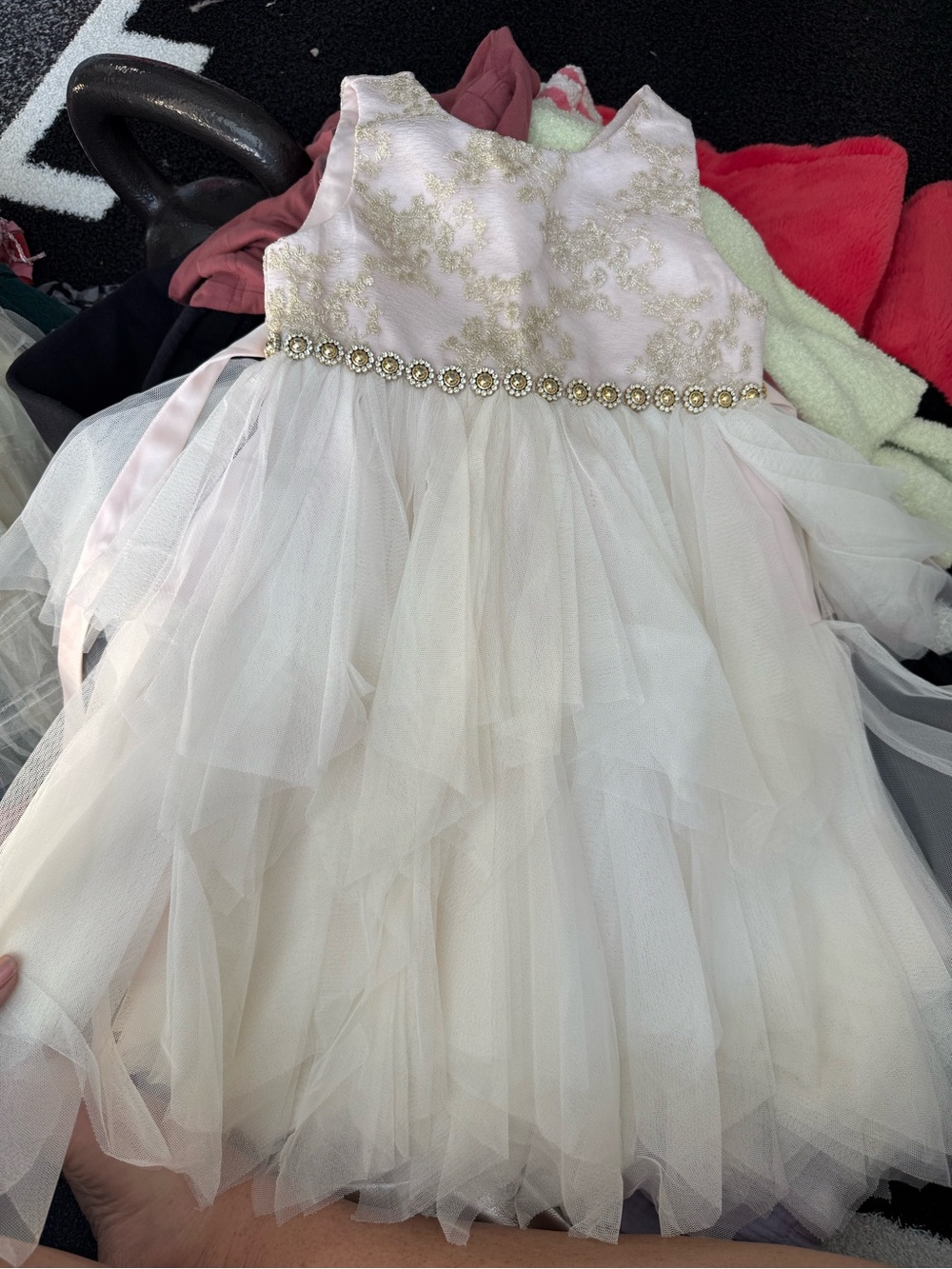 American Princess Ivory and Gold Embroidered Tulle Dress